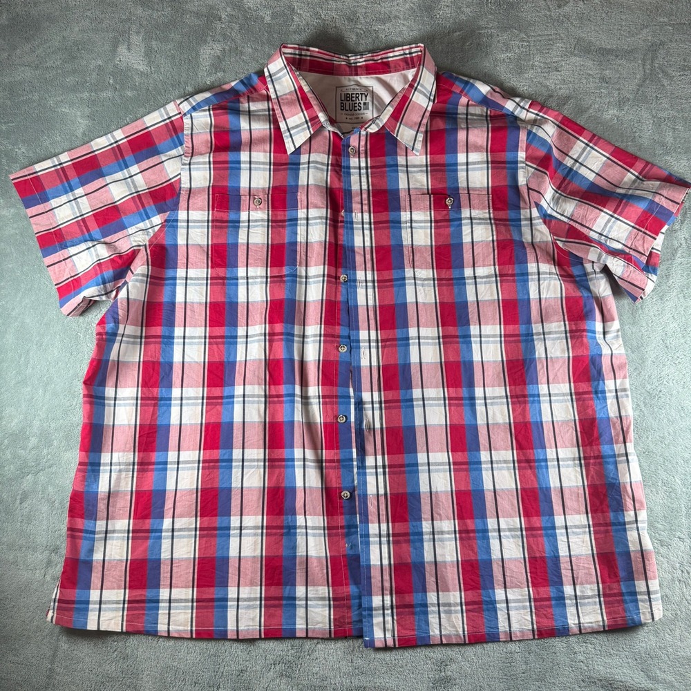 Liberty Blues Mens 4XL Big Red White Blue Plaid Short‎ Sleeve Button Down Shirt